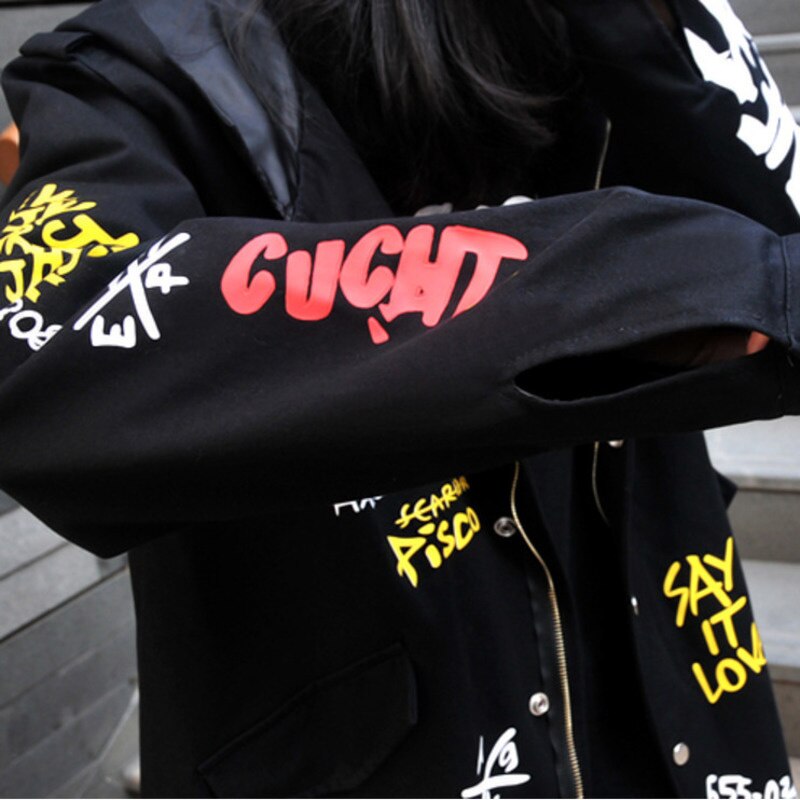 Long Hooded Women's Overcoat: Trendy Black Jacket with Scrawl Letter Printing. Perfect for 2023 Spring/Autumn