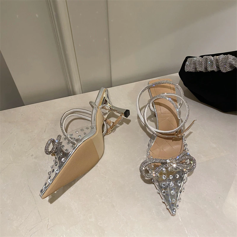 Faye Pointed Toe Crystal Bowknot Ankle Strap Sandal